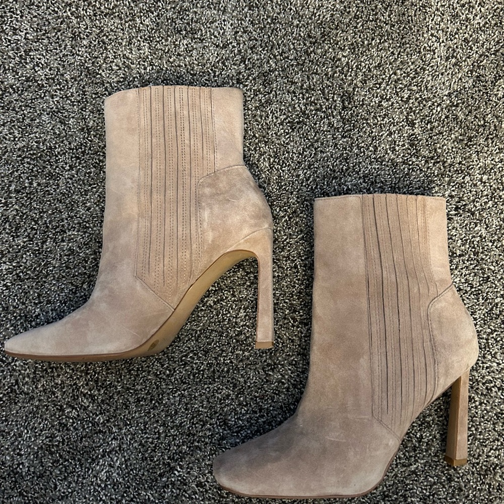 Sand- taupe colored suede Women's Ankle Bootie heels